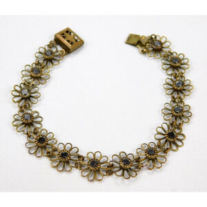 Liz Palacios Rhinestone Brass Tone Openwork Flower Bracelet 6.5" Long 1/2" Wide